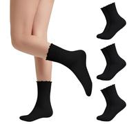 Lot de 3 paires de chaussettes à volants décontractées mignonnes pour femme en coton tricoté respirant, 3 paires - Noir, Taille unique