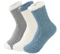 Lot de 3 paires de chaussettes pelucheuses pour femme - Chaudes, douces et confortables - Motif patchwork - Pour jeunes filles, bleu, Taille unique