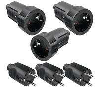 Lot de 3 paires de fiches Schuko - 250 V - 16 A - Avec contact de protection IP44 - En caoutchouc - Avec protection anti-torsion - 2 pôles - Étanche à l'extérieur - Noir - Fiche Schuko et raccord en