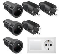 Lot de 3 paires de fiches Schuko : 250 V 16 A IP44 - Prise Schuko en caoutchouc avec protection anti-torsion - 2 broches - Extérieur étanche noir - Fiche Schuko et raccord en caoutchouc sans câble
