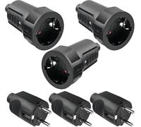 Lot de 3 paires de fiches Schuko : 250 V 16 A IP54 - En caoutchouc - Avec contact de protection - 2 broches - Extérieur étanche - Noir - Fiche Schuko et raccord en caoutchouc sans câble