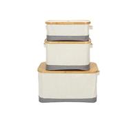 Lot de 3 Panières Bambou avec Couvercle Tissu Blanc et Gris - LAZEN -