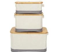 Lot de 3 Panières Bambou avec Couvercle Tissu Blanc et Gris - LAZEN -