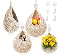 Lot de 3 paniers à fruits à suspendre pour cuisine - Panier mural bohème avec 6 crochets solides, support de suspension tissé à la main pour fruits, légumes, pommes de terre, oignons (blanc)