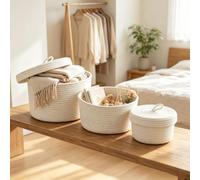 Lot de 3 paniers de rangement en corde de coton avec couvercle - Paniers tressés bohèmes en coton pour chambre d'enfant, jouets et salon - Cadeaux décoratifs - Blanc