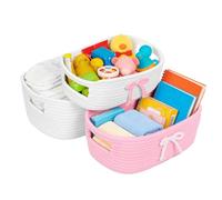 Lot de 3 paniers de rangement en corde de coton tressé doux et arqué, vides, avec poignée cachée, pour couches, jouets, collations, livres et serviettes (rose, 3)