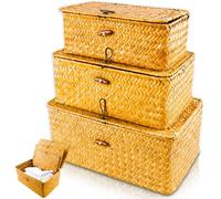 Lot de 3 paniers de rangement en rotin tressé avec couvercle - Rectangulaire - En jonc de mer naturel - Pour salon, salle de bain et cuisine