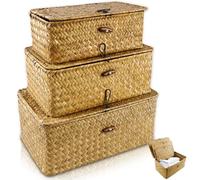 Lot de 3 paniers de rangement en rotin tressé avec couvercle - Rectangulaire - En jonc de mer naturel - Pour salle de bain, salon, cuisine