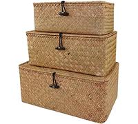 Lot de 3 paniers de rangement rectangulaires en osier naturel tissé avec couvercles, panier à linge en jonc de mer pour chambre à coucher, salon, maison