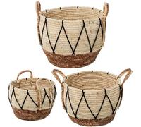 Lot de 3 paniers en herbe de mer et coton blanc, naturel et noir Ø32 x 35 + Ø28 x 22 + Ø 23 x 18 cm