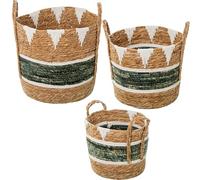 Lot de 3 paniers en herbe de mer et coton naturel, vert et blanc Ø38 x 37 + Ø34 x 31 + Ø 29 x 26 cm