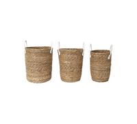 Lot de 3 Paniers Tressés Coloris Naturel avec Anses en Simili Cuir Blanc - LORINE - ALTOBUY Bois