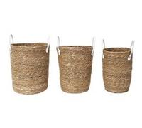 Lot de 3 Paniers Tressés Coloris Naturel avec Anses en Simili Cuir Blanc - LORINE - ALTOBUY Bois