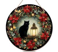 Lot de 3 panneaux de bienvenue en forme de chat pour porte d'entrée, lanterne festive de Noël, poinsettia, décorations de porte en bois rouge à suspendre, décoration extérieure