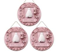 Lot de 3 panneaux de bienvenue fantôme pour porte d'entrée, lanterne fantaisie, papillon, Halloween, bois de pêche, décoration extérieure