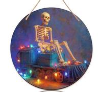 Lot de 3 panneaux de bienvenue squelette pour porte d'entrée, train fantaisie, lumières de Noël, Halloween en bois bleu « Welcome to Our Home » - Décorations de porche à suspendre