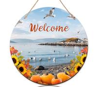 Lot de 3 panneaux de bienvenue tournesols pour porte d'entrée, taille standard, citrouilles côtières d'automne, mouettes, décoration de porte en bois orange