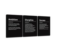 Lot de 3 panneaux sur toile Ambition Discipline Success - Impression sur toile - Art mural inspirant - Citations d'entrepreneur - Œuvre d'art moderne et inspirante pour décoration d'intérieur et salon