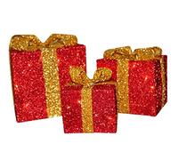 Lot de 3 Paquets-Cadeaux de Noël décoratifs Lumineux Rouges avec Ruban doré, éclairage LED alimenté par Piles, pour Usage extérieur ou intérieur