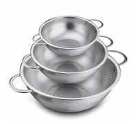 Lot de 3 passoires inox micro-perforées (16/22/28 cm), poignées, lave-vaisselle, pour pâtes/légumes Label