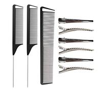 Lot de 3 peignes queue de rat pour coiffeur - Peigne à dents larges et fines en fibre de carbone et acier inoxydable avec 6 pinces crocodiles métalliques pour femmes et filles RuiChy