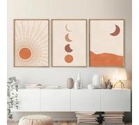 Lot de 3 Peinture sur toile abstraite orange brûlée, phases du soleil et de la lune, affiche minimaliste du milieu du siècle, impressions bohèmes pour la décoration de la maison du salon Pas de cadre