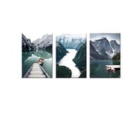 Lot de 3 peintures imprimées de scènes de bateau à rames de lac de montagne, lever du soleil et forêt brumeuse, décoration nordique pour la maison moderne, le bureau, le salon, la chambre, sans cadre