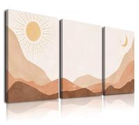 Lot de 3 peintures murales bohèmes sur toile encadrées - Soleil et lune se levant sur la montagne - Illustrations géométriques de la nature - Impressions modernes du milieu du siècle - Bureau - 30,5 x