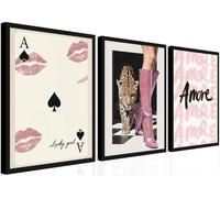 Lot de 3 peintures murales tendance sans cadre motif léopard rose Preppy Cheetah - Décoration murale funky Lucky Girl - Affiches esthétiques pour salon, chambre à coucher, dortoir - 20,3 x 30,5 cm