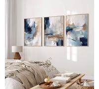 Lot de 3 peintures sur toile abstraite marron bleu marine - peintures à l'aquarelle moderne graffiti abstrait - Impressions minimalistes - Œuvre d'art bleu marine pour salon - 30,5 x 40,6 cm - Sans