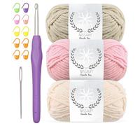 Lot de 3 pelotes de fil chenille pour crochet - Velours doux et pelucheux - Laine épaisse et moelleuse pour crochet et couverture - Idéal pour les débutants (kaki + rose + jaune)