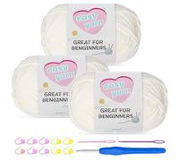 Lot de 3 pelotes de fil en coton épais pour crochet, loisirs créatifs, 100 g chacun, sans fentes, avec kit de démarrage de 4 mm pour projets Amigurumi débutants (blanc cassé-3)