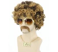 Lot de 3 perruques Disco Dude Dirt Bag pour homme - Perruque moelleuse et amusante - Pour fête d'Halloween - Le kit comprend un collier et une barbe