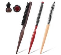 Lot de 3 petites brosses à cheveux rondes en bois avec motif queue de rat pour cheveux courts, boucles, brushing, voyage, quotidien, poils fins et moustache (3 styles)