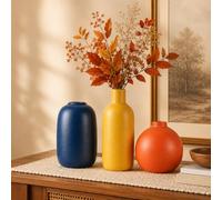 Lot de 3 petits vases Jaune, orange, bleu pour décoration intérieure rustique, ferme moderne, salon, étagère, table, bibliothèque, cheminée et entrée