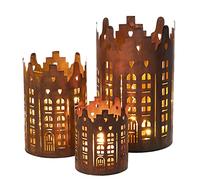 Lot de 3 photophores de Noël en métal 20/15/10 cm - Skyline - Lanterne de table décorative aspect rouille - Support de bougie de table avec jeu de lumière pour Noël, l'Avent