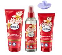 Lot de 3 pièces ; Lait pour le corps Balea Parfum Glamorous Moment 200 ml + Crème pour les mains Glamorous Moment 100 ml + Parfum Bodyspray Glamorous Moment 200 ml + Bonus : 1 éponge en silicone