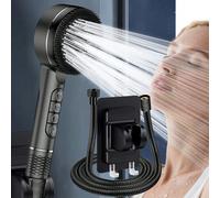 (Lot de 3 pièces) Pomme de douche pressurisée à 4 réglages pour usage domestique en ABS, tuyau en acier inoxydable de 1,5 m et support de pomme de douche sans perçage en ABS avec crochet, peut accroch