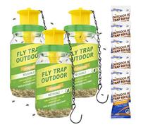 Lot de 3 pièges à mouches d'extérieur avec 6 recharges d'appâts naturels, attrape-mouches réutilisables à suspendre pour terrasse, jardin, verger, cour, ranch et ferme équestre