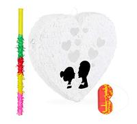 Lot de 3 piñata de mariage, piñata en forme de cœur à suspendre, bâton de pinata, masque pour les yeux, papier de mariage avec accessoires, blanc