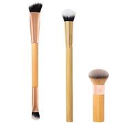 Lot de 3 pinceaux de maquillage avec manches en bois, eyeliner à double extrémité et pinceaux pour le visage, applicateur de poudre libre arrondi, pinceaux végétaliens en fibre synthétique douce pour