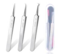 Lot de 3 pinces à épiler professionnelles en acier inoxydable pour enlever les points noirs du visage - Pince à épiler pointue avec boîte - Argenté