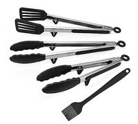 Lot de 3 pinces de cuisine avec gadget de repos, pinces de cuisine multifonctions antidérapantes avec embout en silicone, 1 pince à spatule (32 cm), 2 pinces alimentaires (28 cm, 33 cm), 1 brosse à