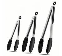 Lot de 3 pinces de cuisine en silicone à long manche en acier inoxydable, têtes en silicone sans BPA, adaptées pour la cuisine, les grillades, les retournements, 17,8 cm, 22,9 cm, 30,5 cm, noir