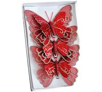 Lot de 3 pinces pour sapin de Noël avec finition pailletée synthétique avec ornements papillon pour décoration saisonnière et couronnes (rouge)