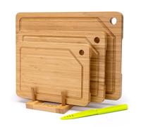 Lot de 3 Planches à Découper en Bambou avec Trous de Suspension, Ensemble de Planches Réversibles avec Goulotte à Jus, Tailles S, M, L - pour Viande, Légumes, Fromage et Cuisine