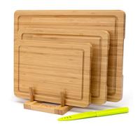 Lot de 3 Planches à Découper en Bambou, Ensemble de Planches Réversibles avec Goulotte à Jus, Tailles S, M, L - pour Viande, Légumes, Fromage et Cuisine