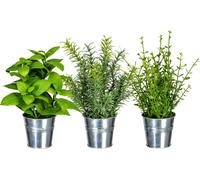 lot de 3 plantes artificielles mélange d'herbes aromatiques romarin, thym, basilic en pot de zinc 23-26 cm