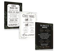 Lot de 3 Plaque Metal Vintage avec Citation - Les Règles Du Bonheur - Chez nous - Panneau Pancarte Poster Affiche Decoration Murale Pour la Maison Cuisine Salon Chambre 20x30cm