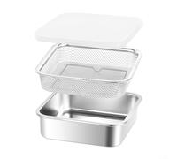 Lot de 3 plaques de cuisson en acier inoxydable avec panier filtrant et couvercle pour frire, égoutter et ranger le réfrigérateur de cuisine, finition miroir, antirouille (19 x 19 x 5,6 cm)